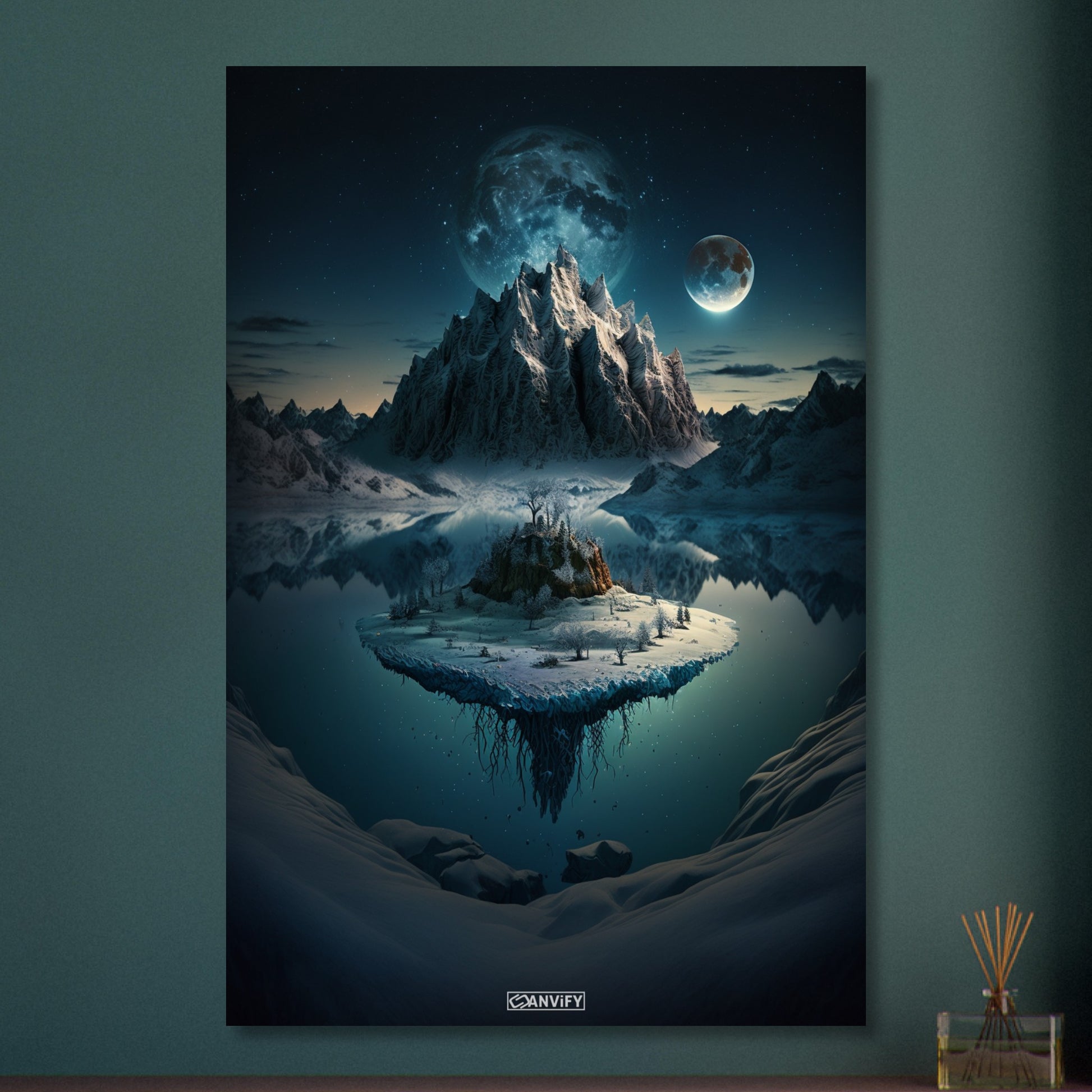 Exoplanet mit Mond und einer verschneiten Insel im See auf Aluminium