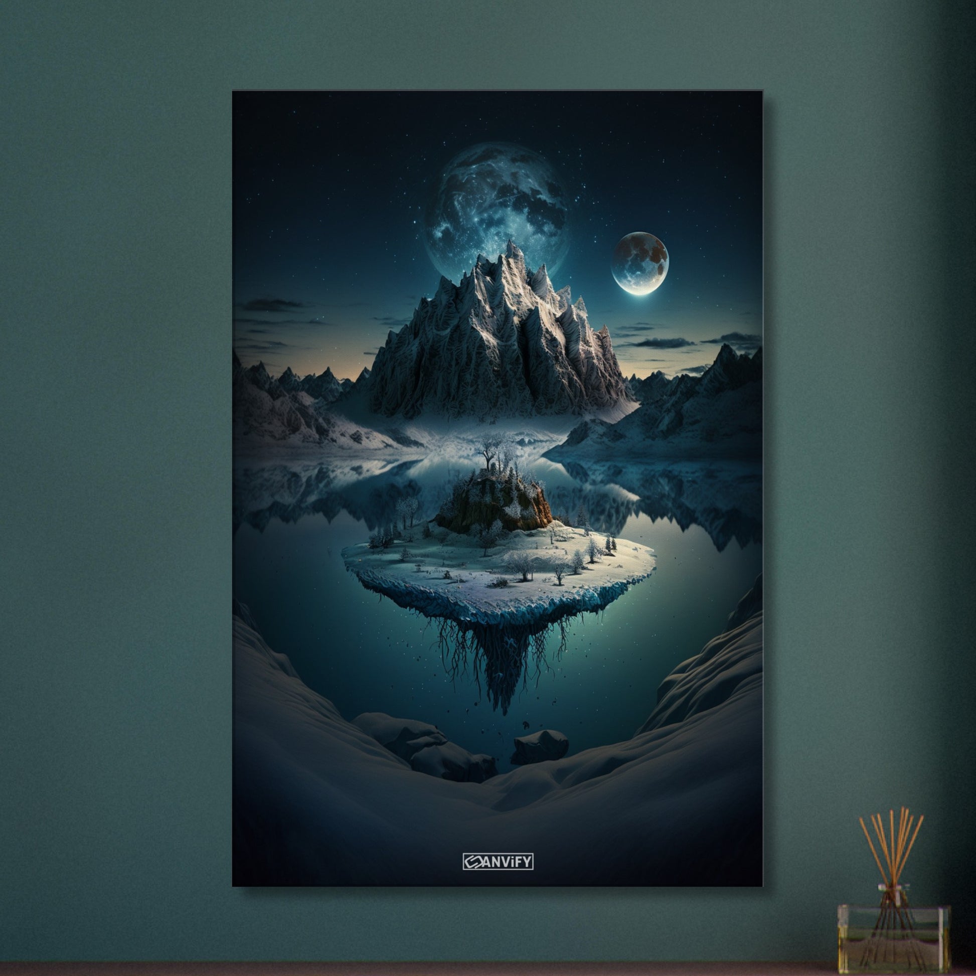 Exoplanet mit Mond und einer verschneiten Insel im See auf einer Leinwand