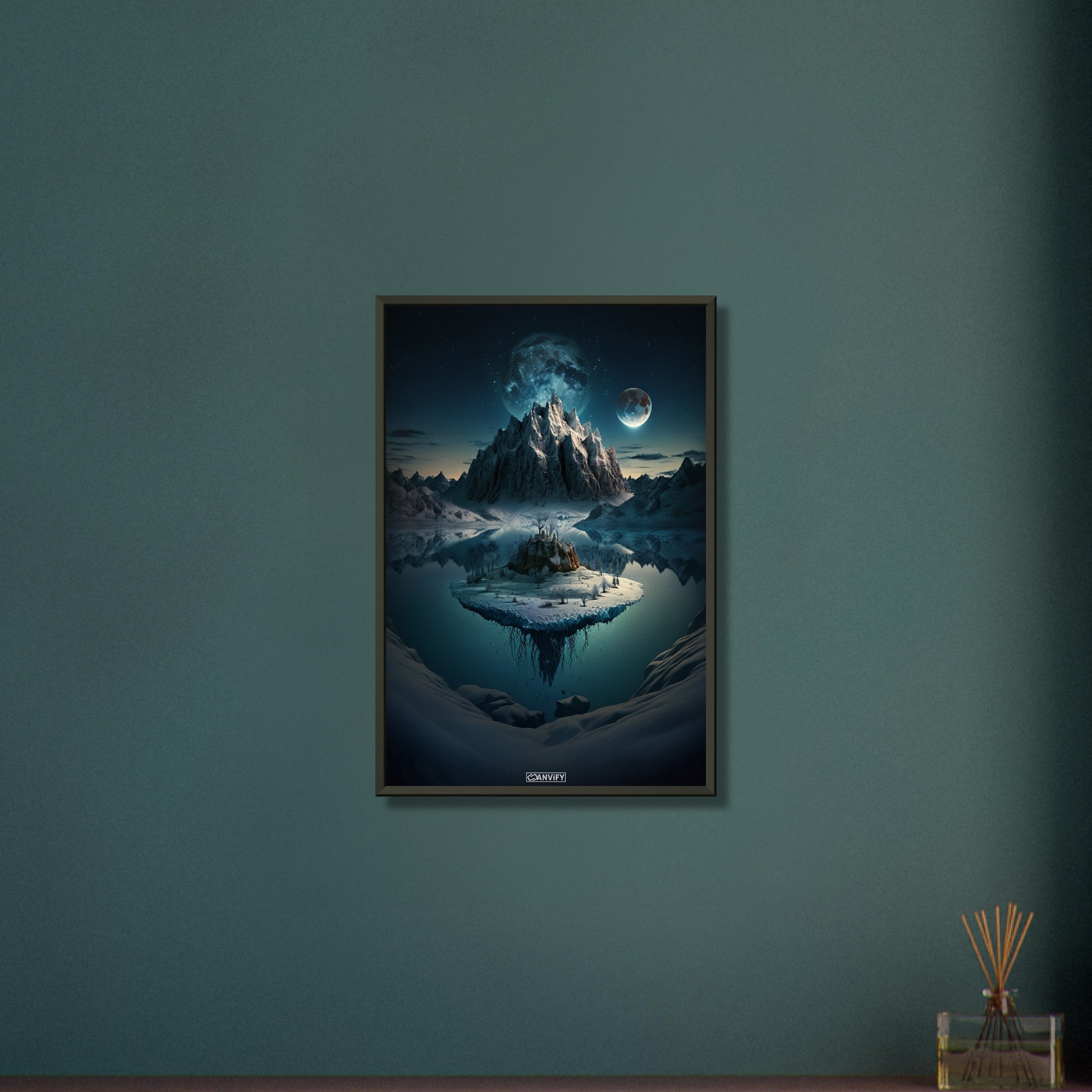 Exoplanet mit Mond und einer verschneiten Insel im See auf einem Poster im Metallrahmen