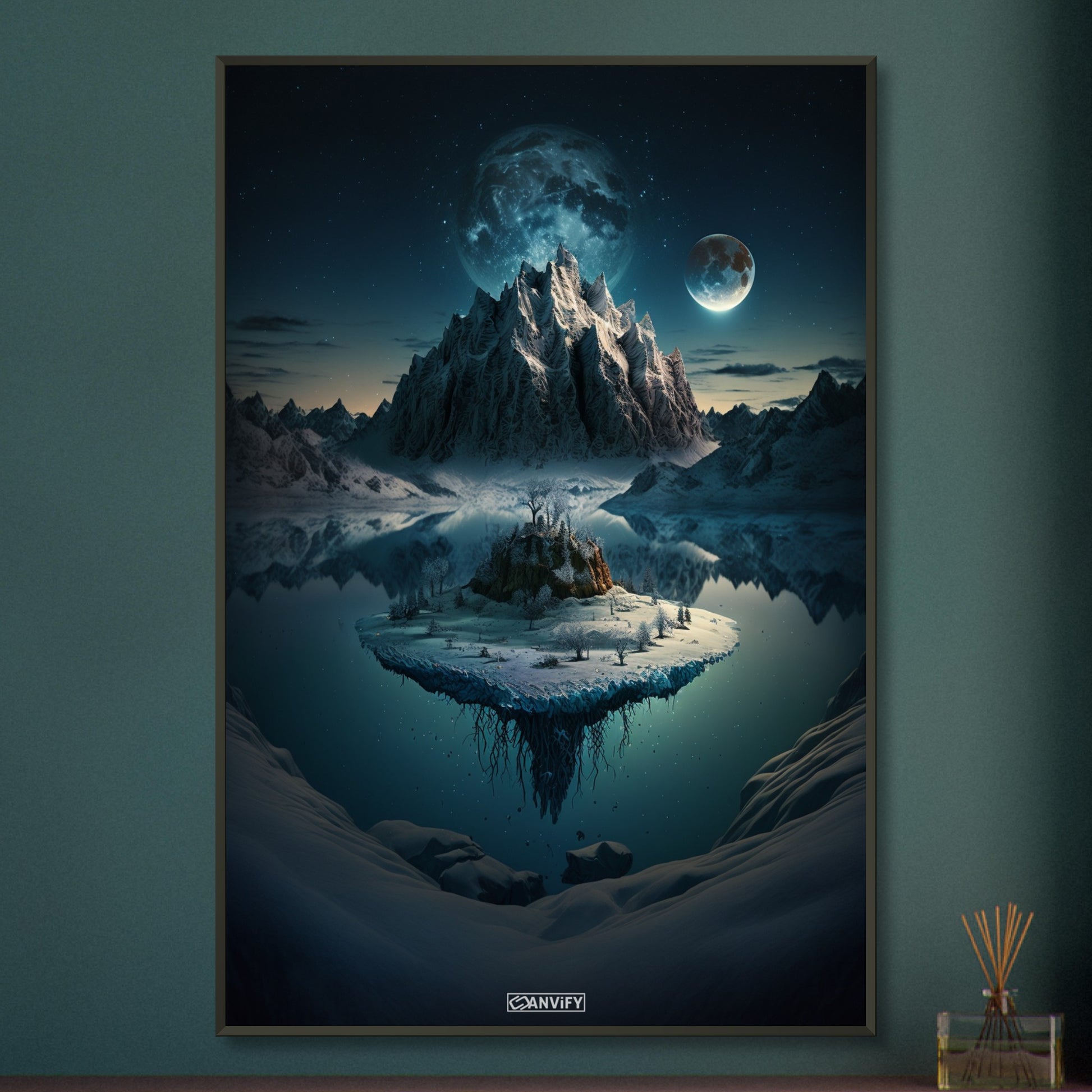 Exoplanet mit Mond und einer verschneiten Insel im See auf einem Poster im Metallrahmen