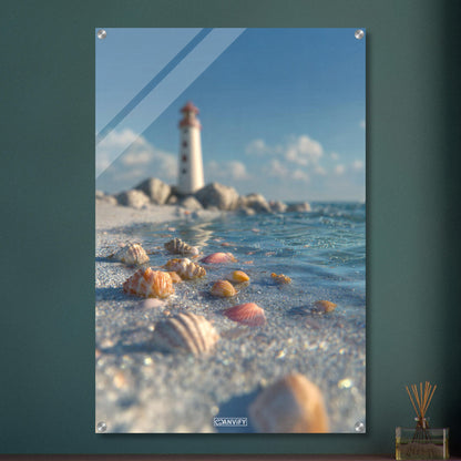 Exotische Muscheln und ein Leuchtturm auf einem Acrylbild