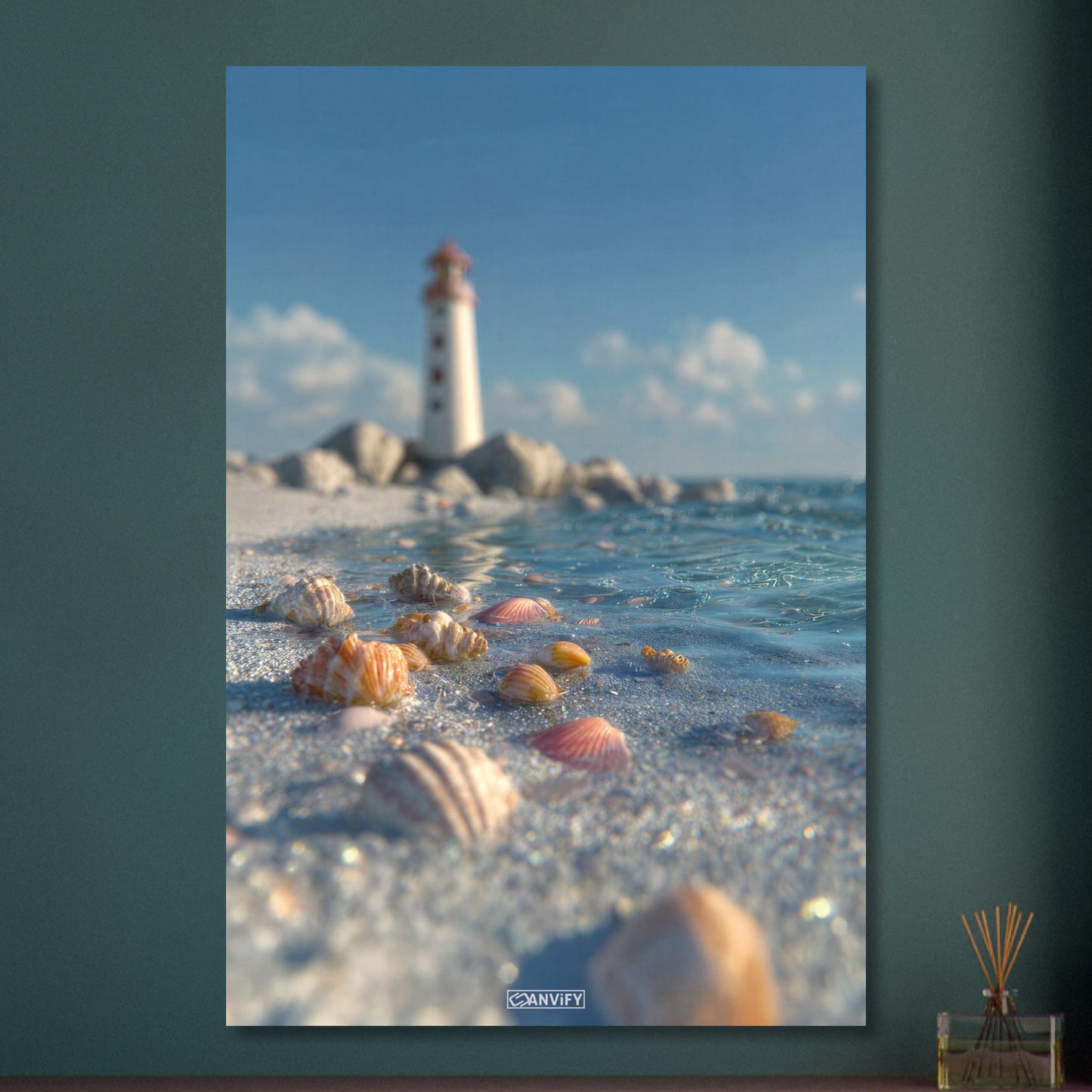 Exotische Muscheln und ein Leuchtturm auf Aluminium