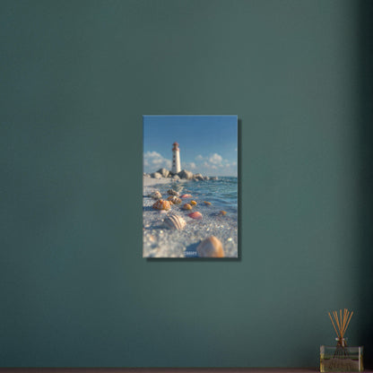 Exotische Muscheln und ein Leuchtturm auf einer Leinwand