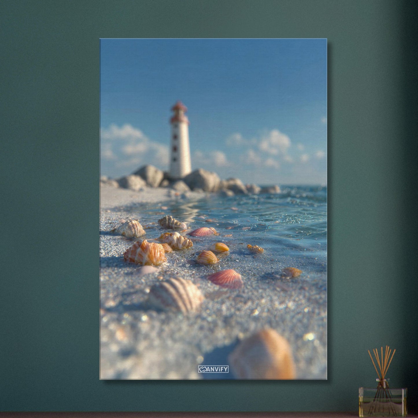 Exotische Muscheln und ein Leuchtturm auf einer Leinwand