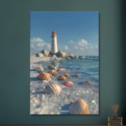 Exotische Muscheln und ein Leuchtturm auf einer Leinwand