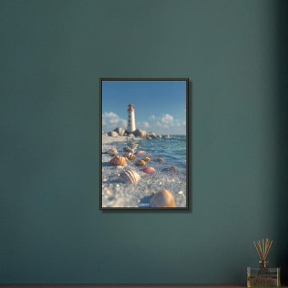 Exotische Muscheln und ein Leuchtturm auf einem Poster im Metallrahmen