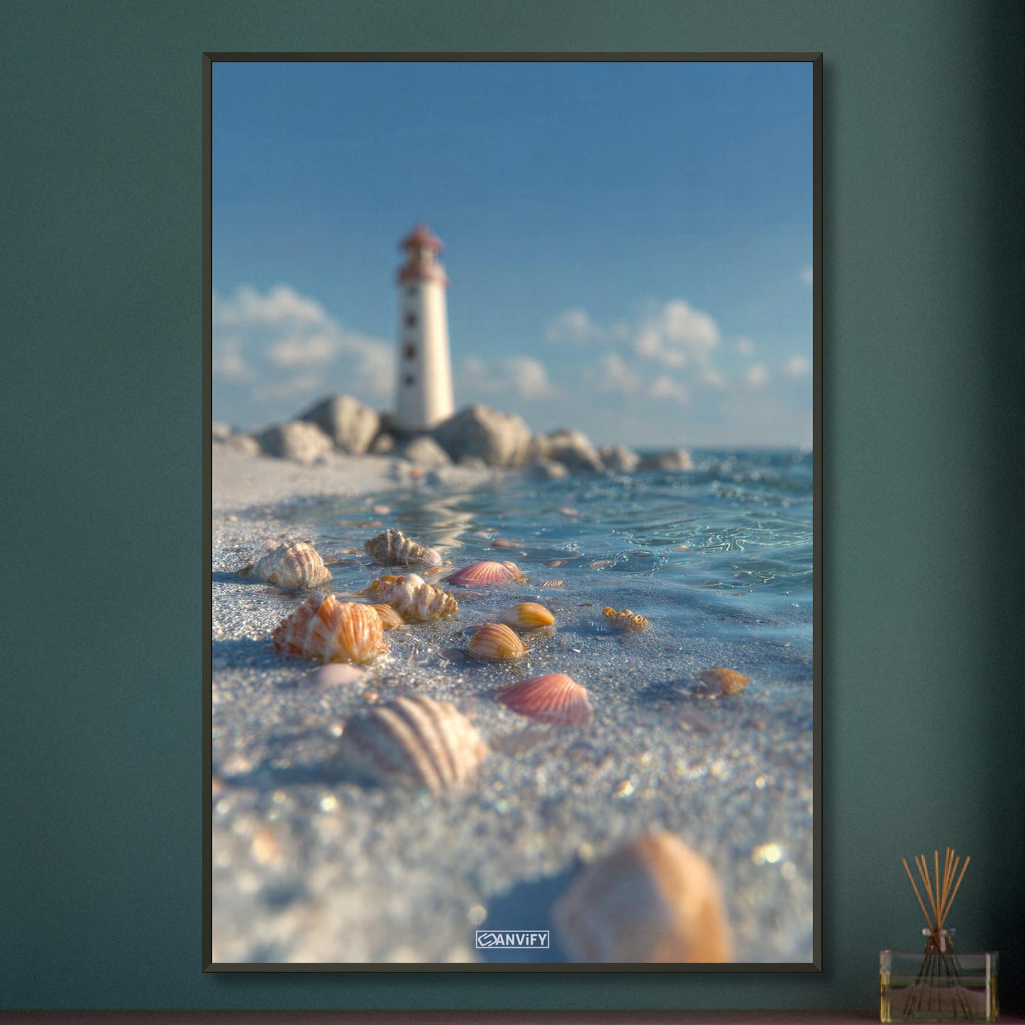 Exotische Muscheln und ein Leuchtturm auf einem Poster im Metallrahmen