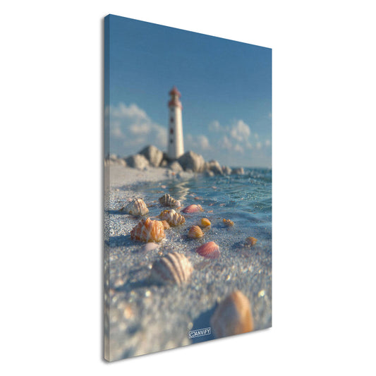 Exotische Muscheln und ein Leuchtturm auf einer Leinwand