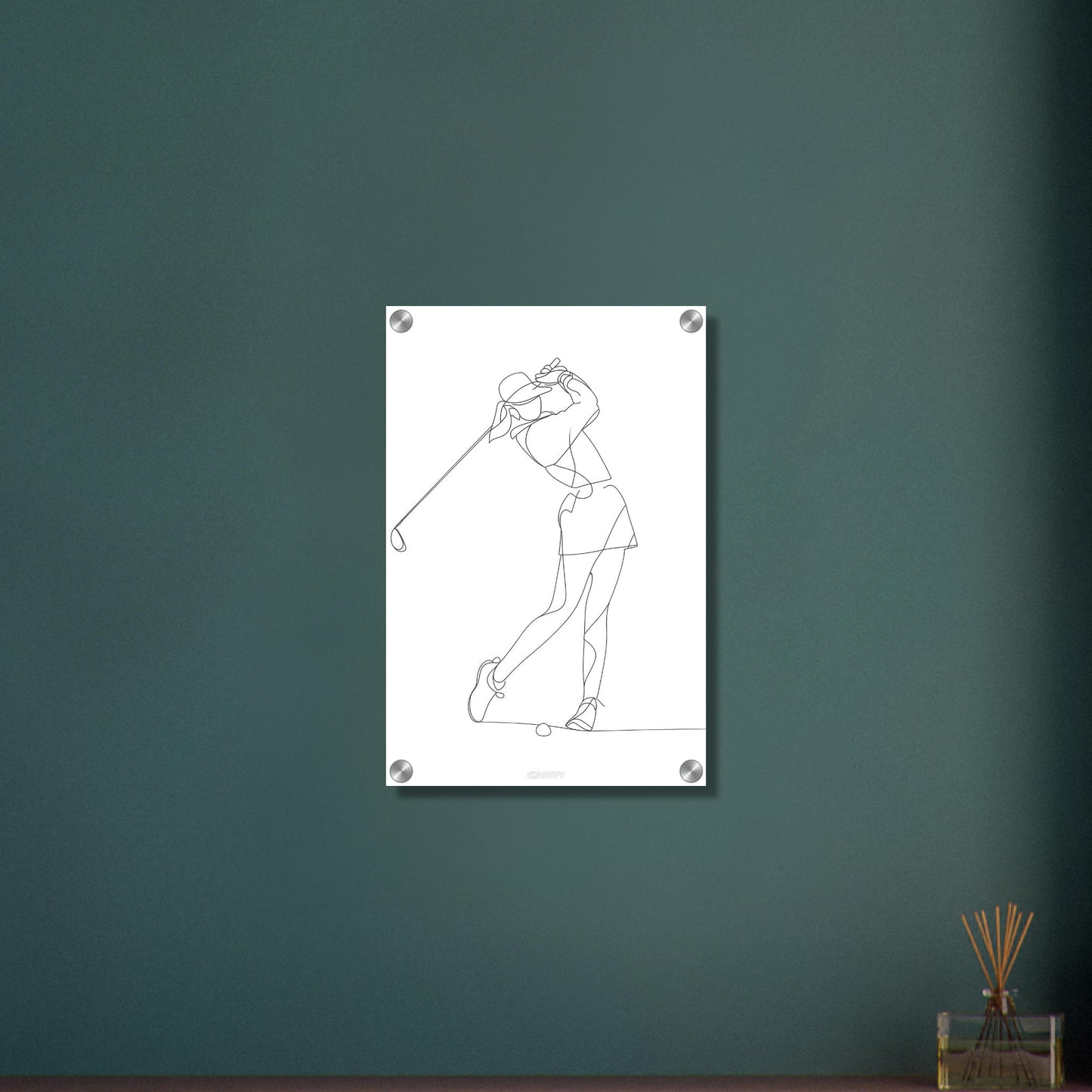 Golferin gezeichnet mit einer Linie auf einem Acrylbild