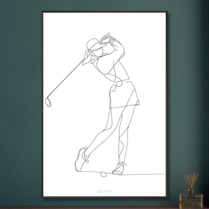 Golferin gezeichnet mit einer Linie auf einem Poster im Metallrahmen