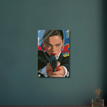 Geheimagentin mit einer Pistole im Pop Art-Stil auf einem Acrylbild
