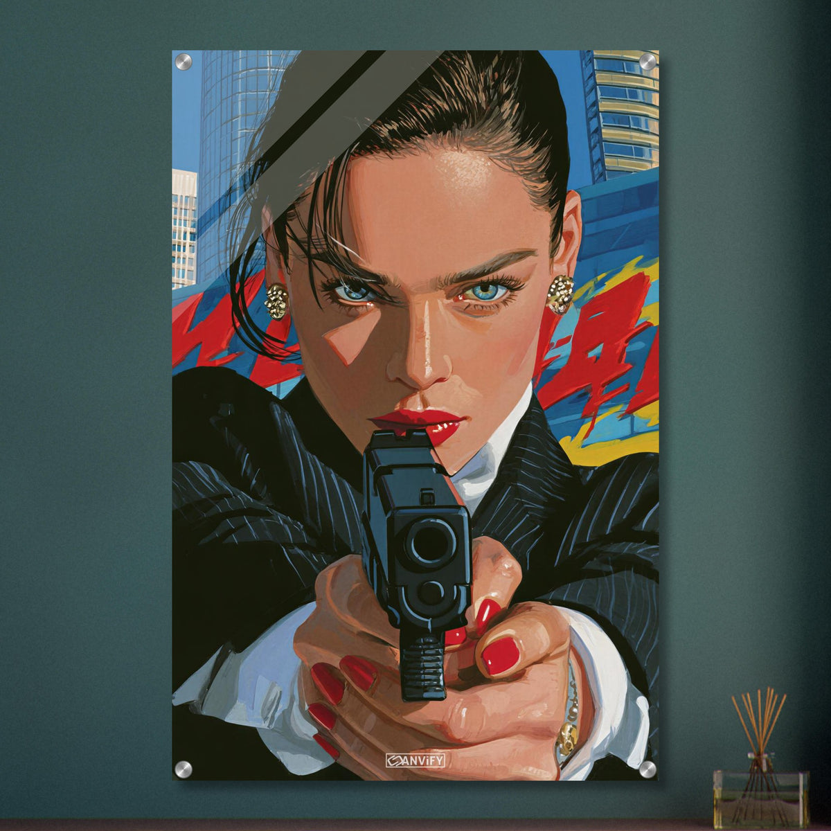 Geheimagentin mit einer Pistole im Pop Art-Stil auf einem Acrylbild
