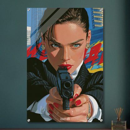 Geheimagentin mit einer Pistole im Pop Art-Stil auf einem Acrylbild