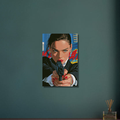 Geheimagentin mit einer Pistole im Pop Art-Stil auf Aluminium