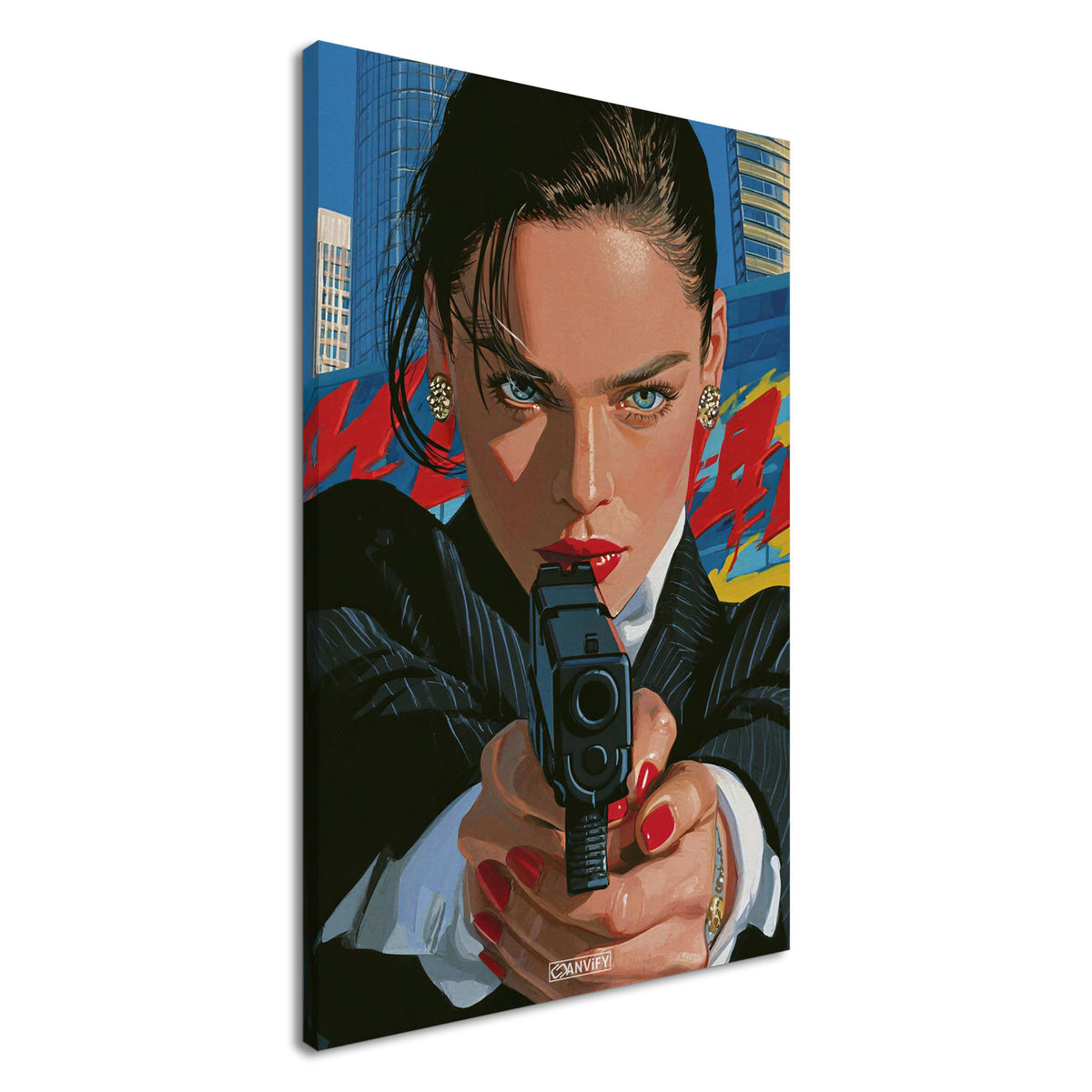 Geheimagentin mit einer Pistole im Pop Art-Stil auf einer Leinwand
