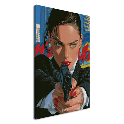 Geheimagentin mit einer Pistole im Pop Art-Stil auf einer Leinwand