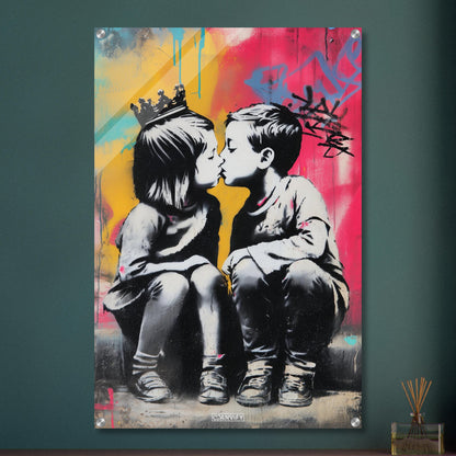 Junge küsst ein Mädchen im bunten Banksy Stil auf einem Acrylbild