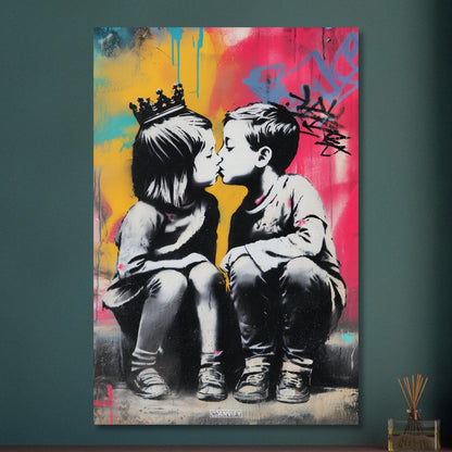 Junge küsst ein Mädchen im bunten Banksy Stil auf Aluminium