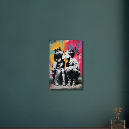 Junge küsst ein Mädchen im bunten Banksy Stil auf einer Leinwand
