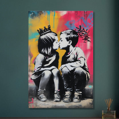 Junge küsst ein Mädchen im bunten Banksy Stil auf einer Leinwand
