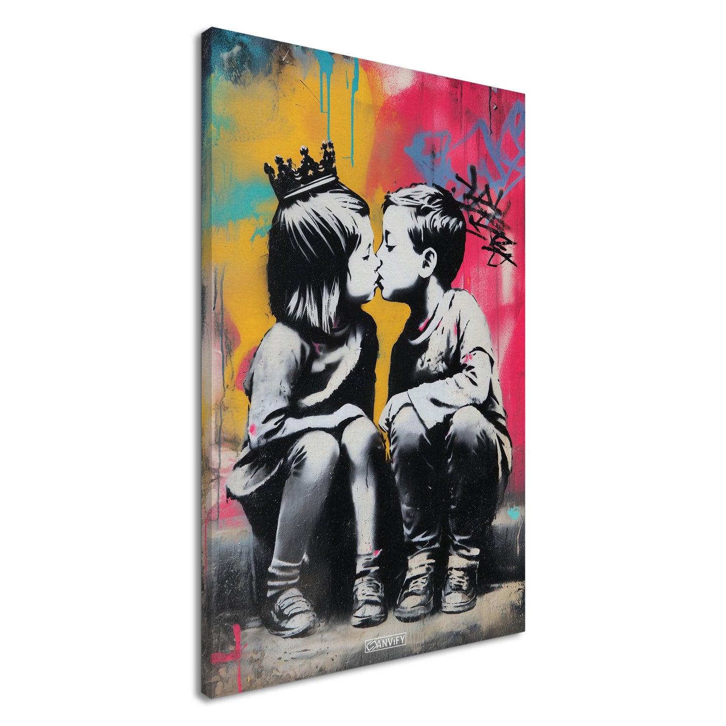 Junge küsst ein Mädchen im bunten Banksy Stil auf einer Leinwand