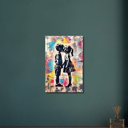 Junge küsst Mädchen Silhouette im Banksy Stil auf einem Acrylbild