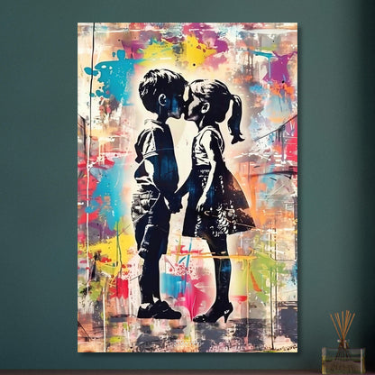 Junge küsst Mädchen Silhouette im Banksy Stil auf Aluminium