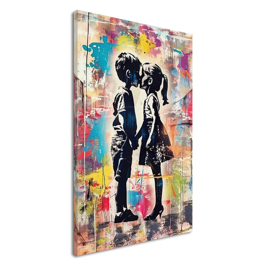 Junge küsst Mädchen Silhouette im Banksy Stil auf einer Leinwand