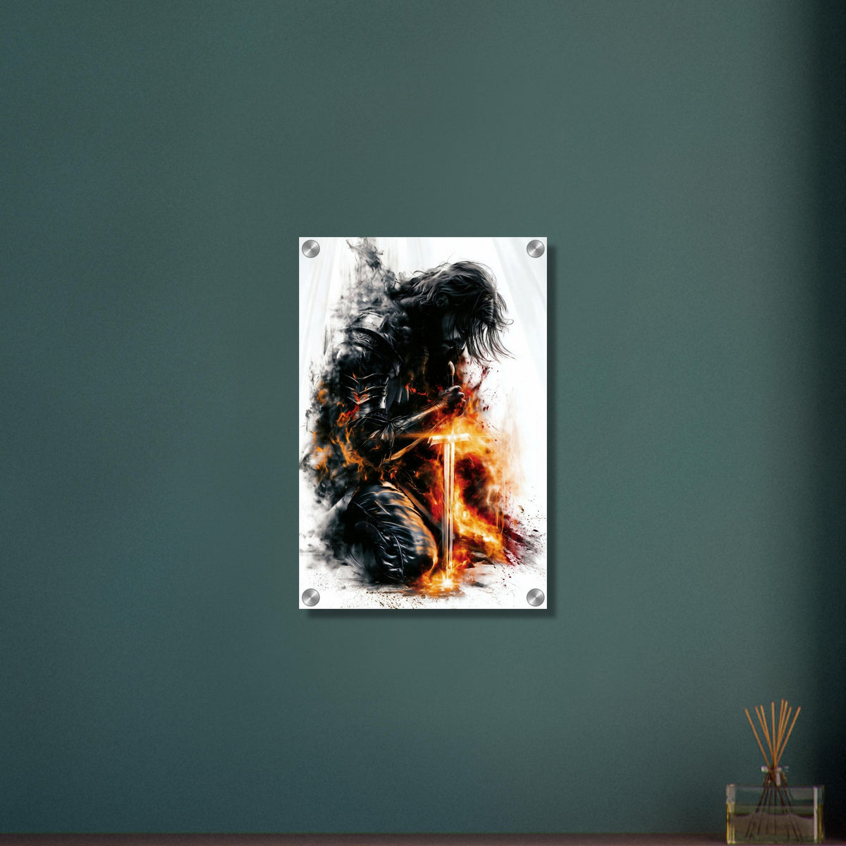 Krieger mit langen Haaren und einem brennenden Schwert auf einem Acrylbild