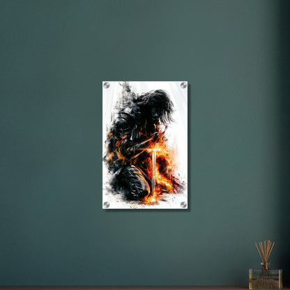 Krieger mit langen Haaren und einem brennenden Schwert auf einem Acrylbild