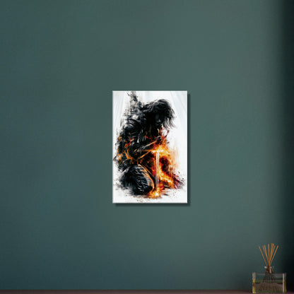 Krieger mit langen Haaren und einem brennenden Schwert auf einer Leinwand