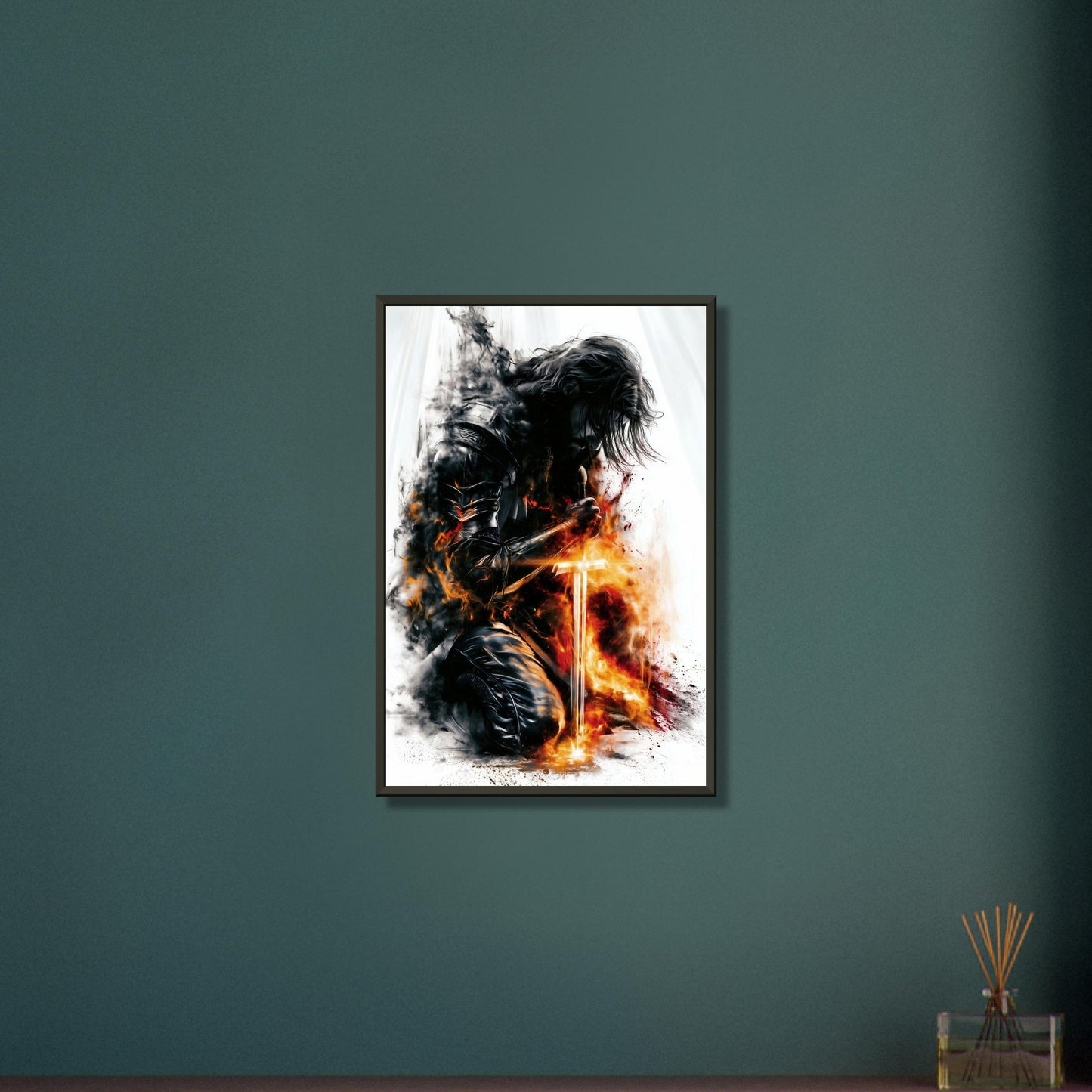 Krieger mit langen Haaren und einem brennenden Schwert auf einem Poster im Metallrahmen