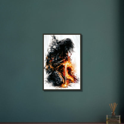 Krieger mit langen Haaren und einem brennenden Schwert auf einem Poster im Metallrahmen