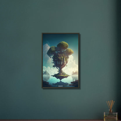 Dschungelinsel mit einem Baumhaus auf einem Poster im Metallrahmen