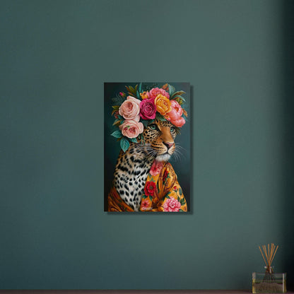 Leopard mit einer Blumenkrone aus Rosen und einer Seidenrobe als Ölgemälde auf Aluminium