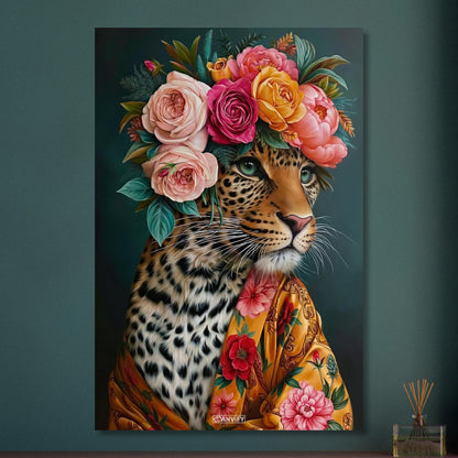 Leopard mit einer Blumenkrone aus Rosen und einer Seidenrobe als Ölgemälde auf Aluminium