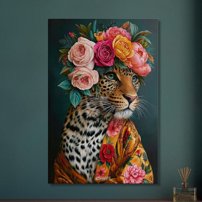 Leopard mit einer Blumenkrone aus Rosen und einer Seidenrobe als Ölgemälde auf einer Leinwand
