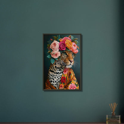 Leopard mit einer Blumenkrone aus Rosen und einer Seidenrobe als Ölgemälde auf einem Poster im Metallrahmen