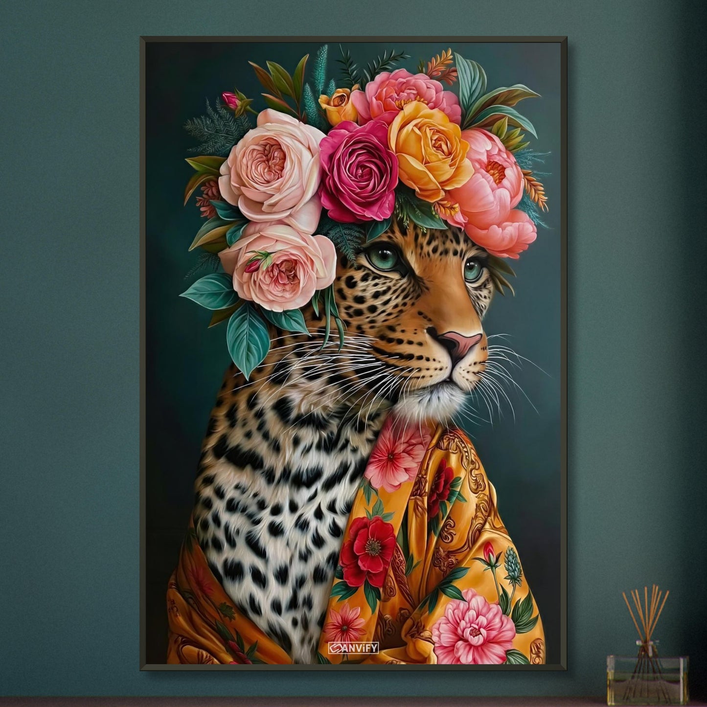 Leopard mit einer Blumenkrone aus Rosen und einer Seidenrobe als Ölgemälde auf einem Poster im Metallrahmen