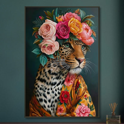 Leopard mit einer Blumenkrone aus Rosen und einer Seidenrobe als Ölgemälde auf einem Poster im Metallrahmen