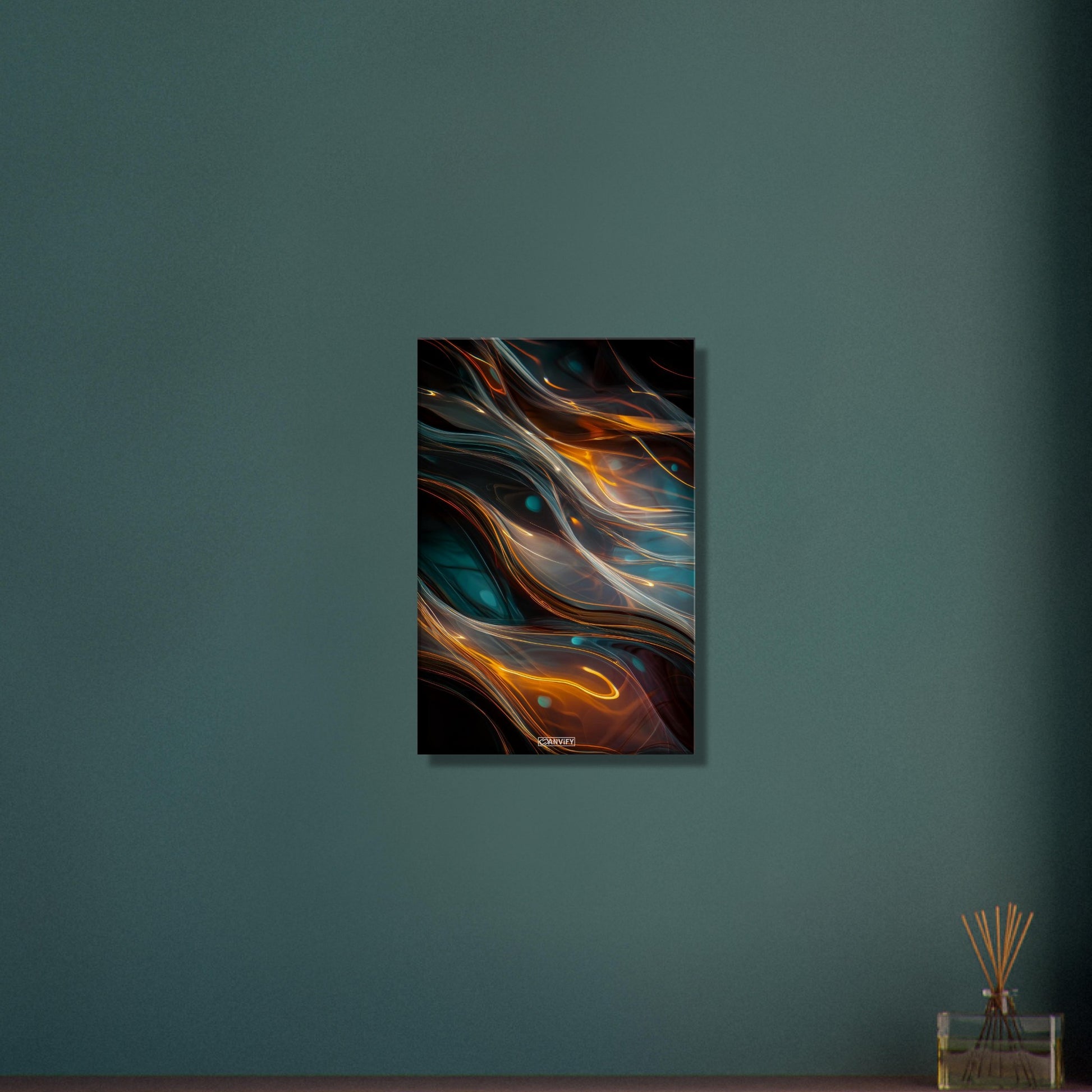 Fluid Art Orange mit Blauen Akzenten auf einer Leinwand