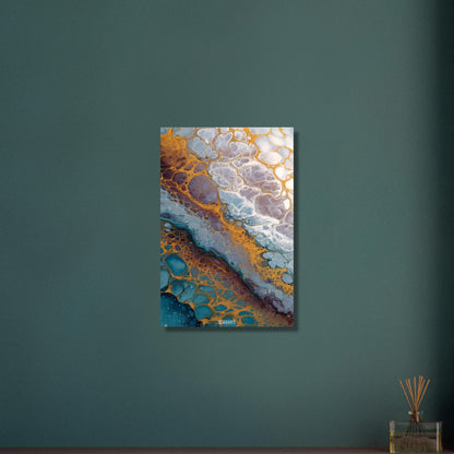 Fluid Art Weiße Blasen mit Blauen und Gelben Akzenten auf Aluminium