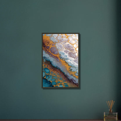 Fluid Art Weiße Blasen mit Blauen und Gelben Akzenten auf einem Poster im Metallrahmen