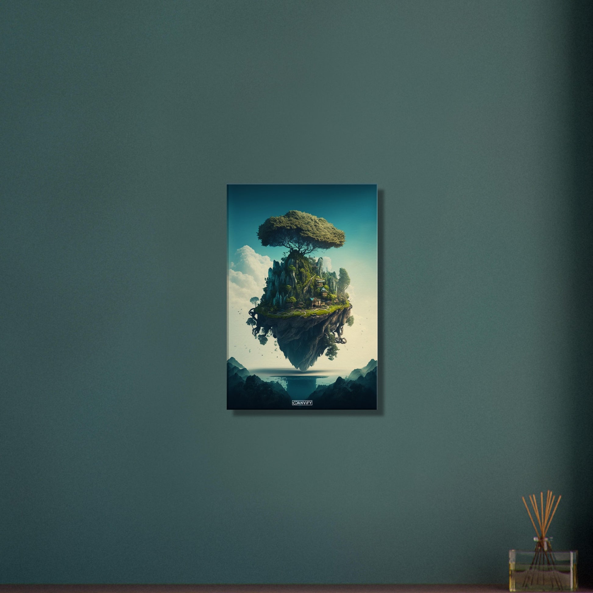 Dschungelbaum mit einer Kleinstadt auf einer Leinwand