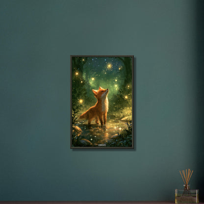 Kleiner Fuchs im magischen Wald als Ölgemälde auf einem Poster im Metallrahmen