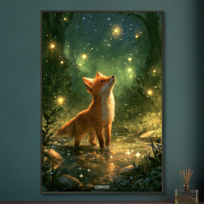 Kleiner Fuchs im magischen Wald als Ölgemälde auf einem Poster im Metallrahmen