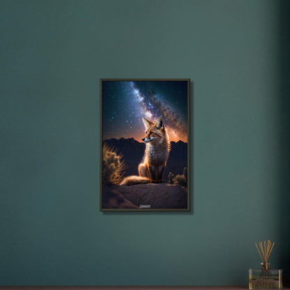 Fuchs in der Wildnis und unter der Milchstraße in der Steppe auf einem Poster im Metallrahmen