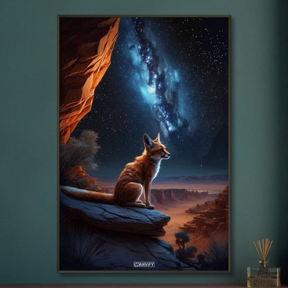 Fuchs auf der Klippe und unter der Milchstraße in der Steppe auf einem Poster im Metallrahmen