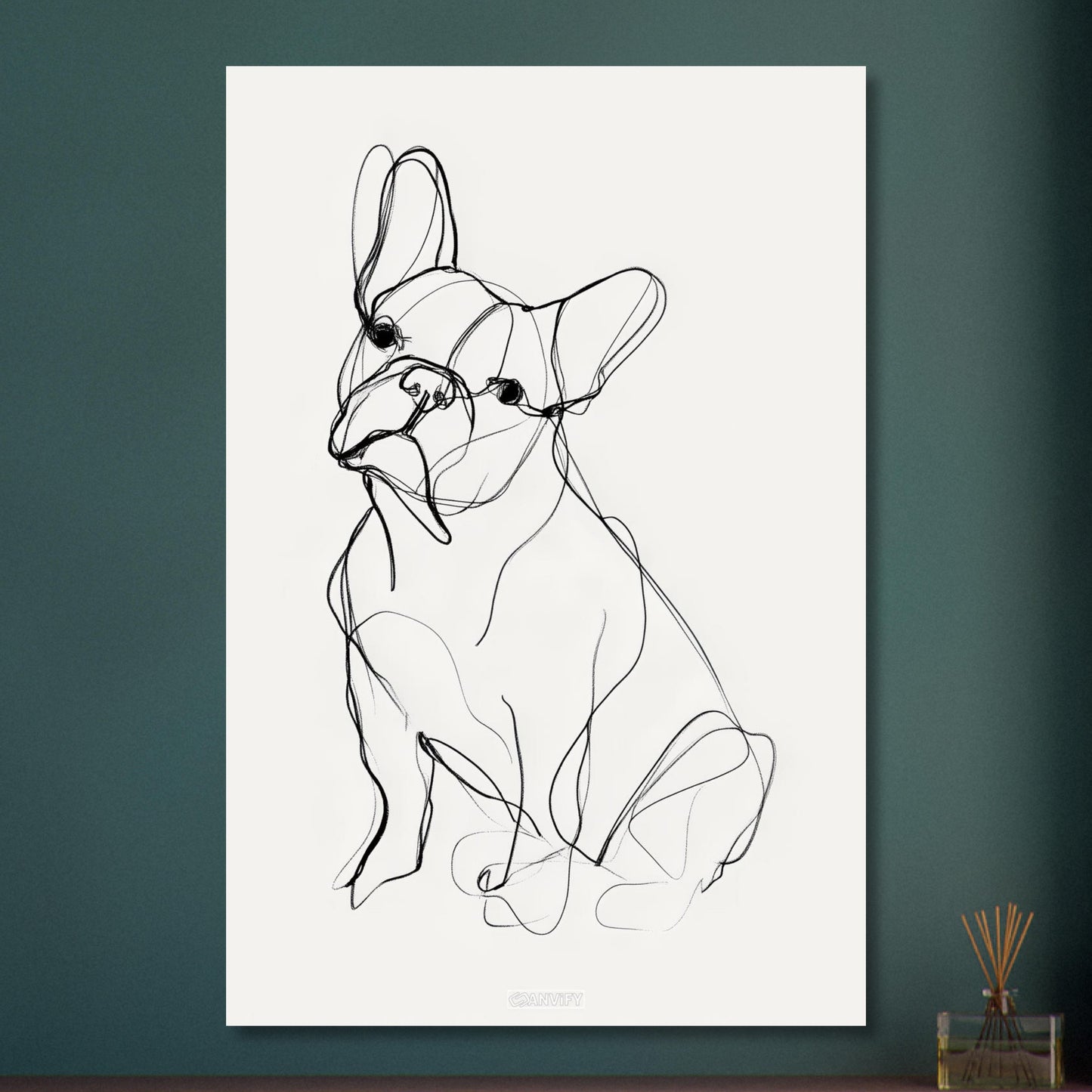 Französische Bulldogge gezeichnet mit einer Linie auf Aluminium