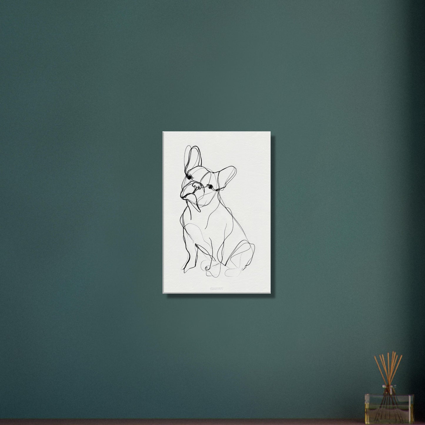 Französische Bulldogge gezeichnet mit einer Linie auf einer Leinwand